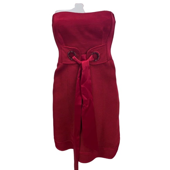Nanette Lepore Strapless Cocktail Dress Crimson Red Ribbon Tie Waist 2 - Picture 1 of 12